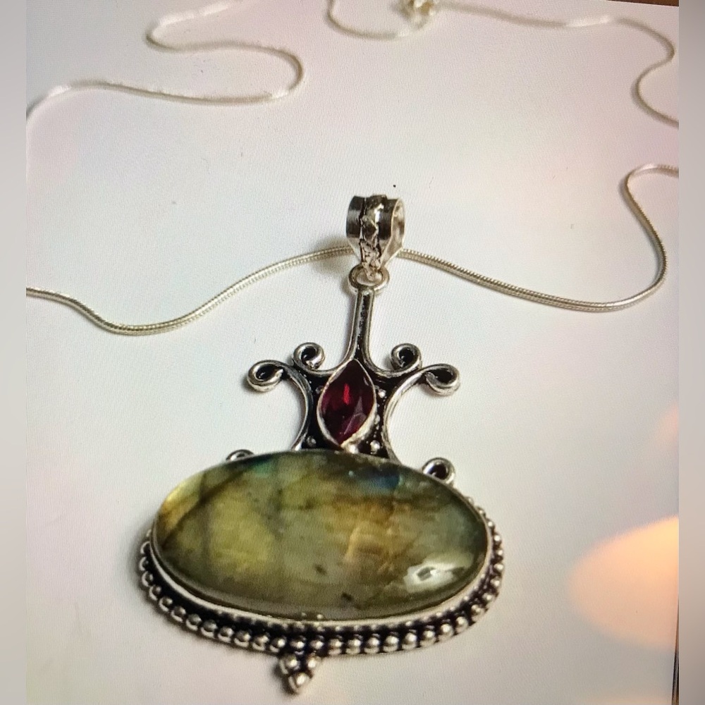 Labradorite Garnet 925 Sterling Silver Necklace